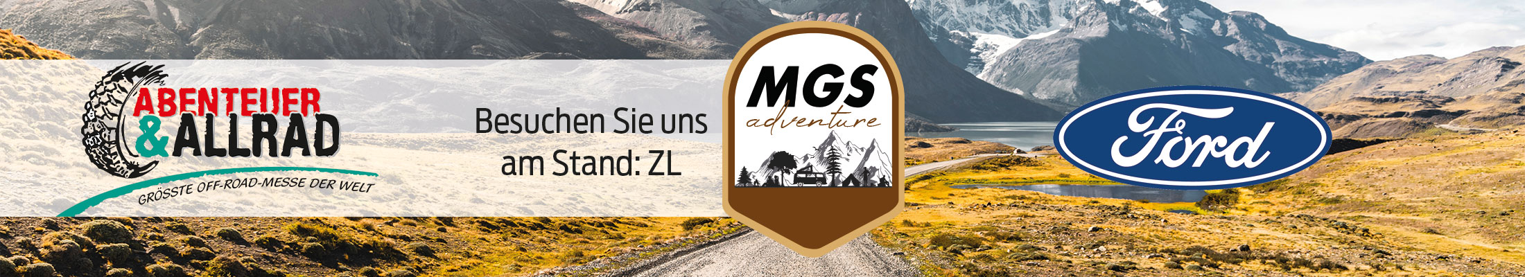 Banner zur Offroad-Messe 'Abenteuer & Allrad' mit MGS Adventure und Ford.