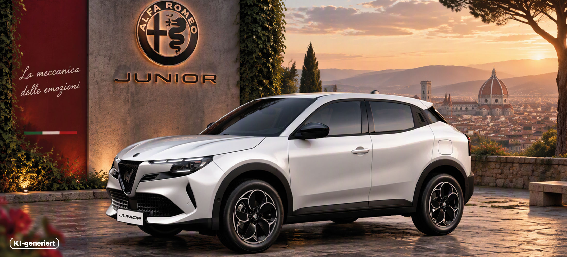 Alfa Romeo Junior Ibrida Hybrid in Bianco Sempione Uni von der Seite vorne in Italien