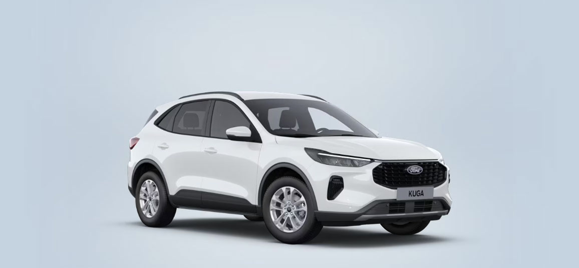 Ford Kuga Titanium Vollhybrid in der Farbe Frozen White von der Seite vorne