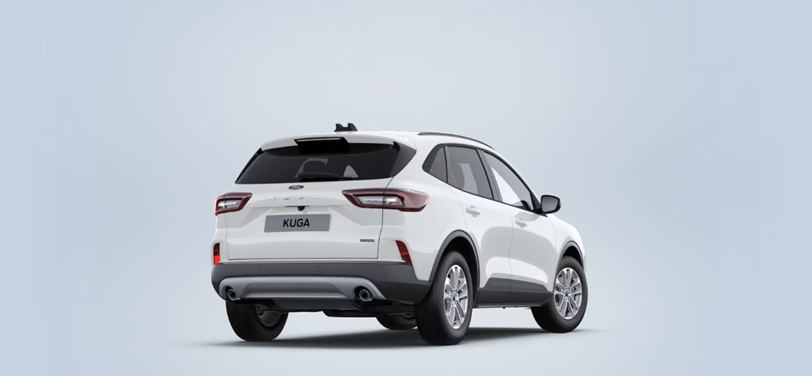 Ford Kuga Titanium Vollhybrid in der Farbe Frozen White von der Seite hinten