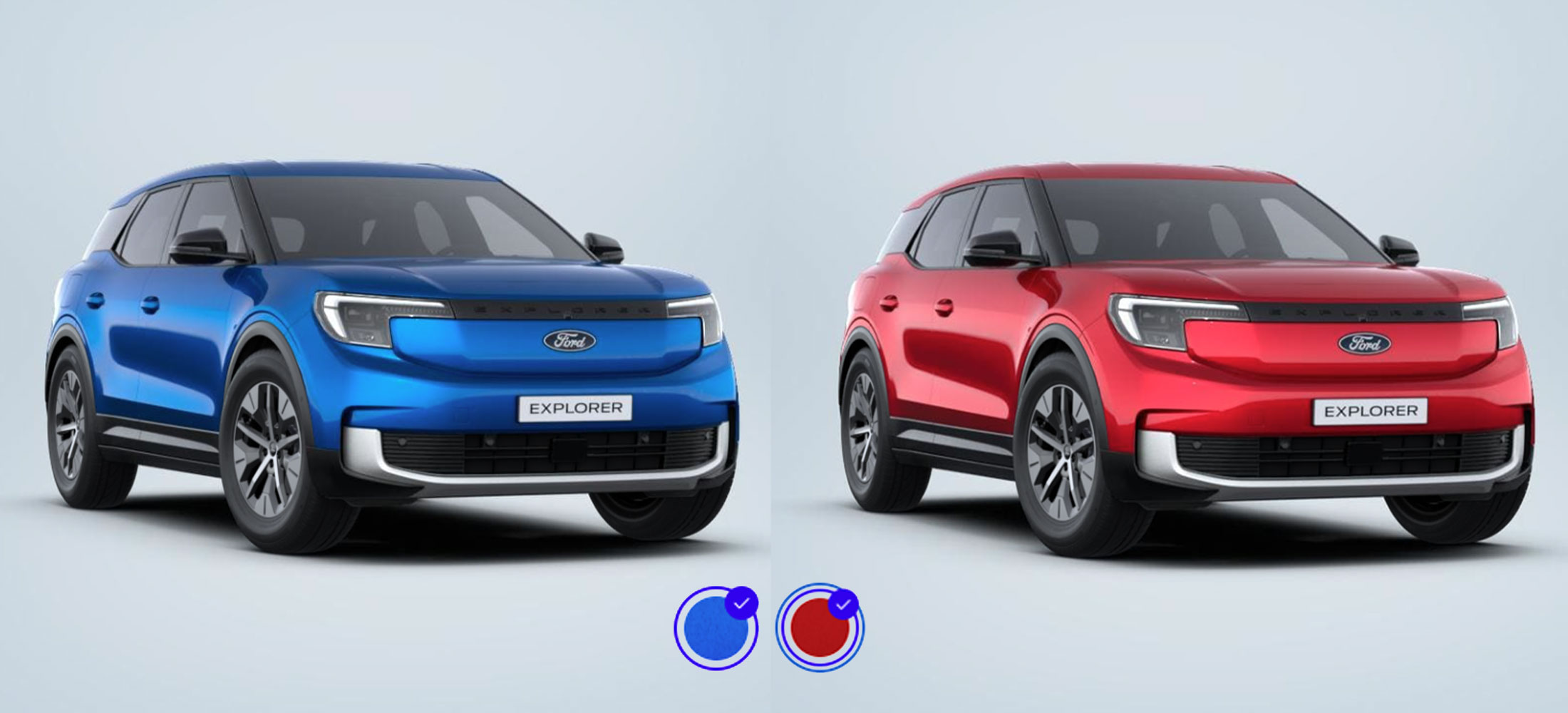 Ford Explorer in Blue My Mind Metallic und Ford Explorer in Lucid Red Metallic im Vergleich