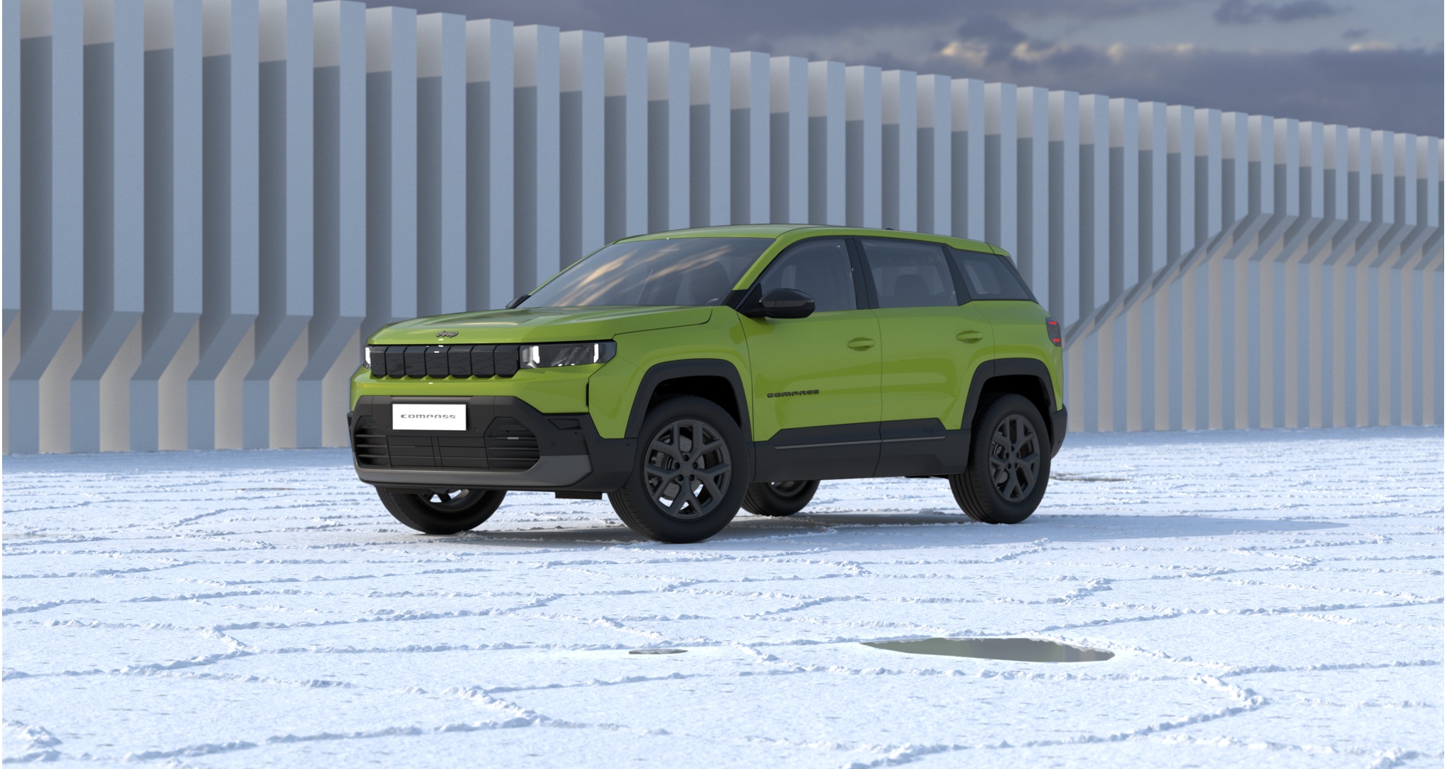 Jeep Compass e-Hybrid Altitude in Hawaii Green Metallic von der Seiten vorne