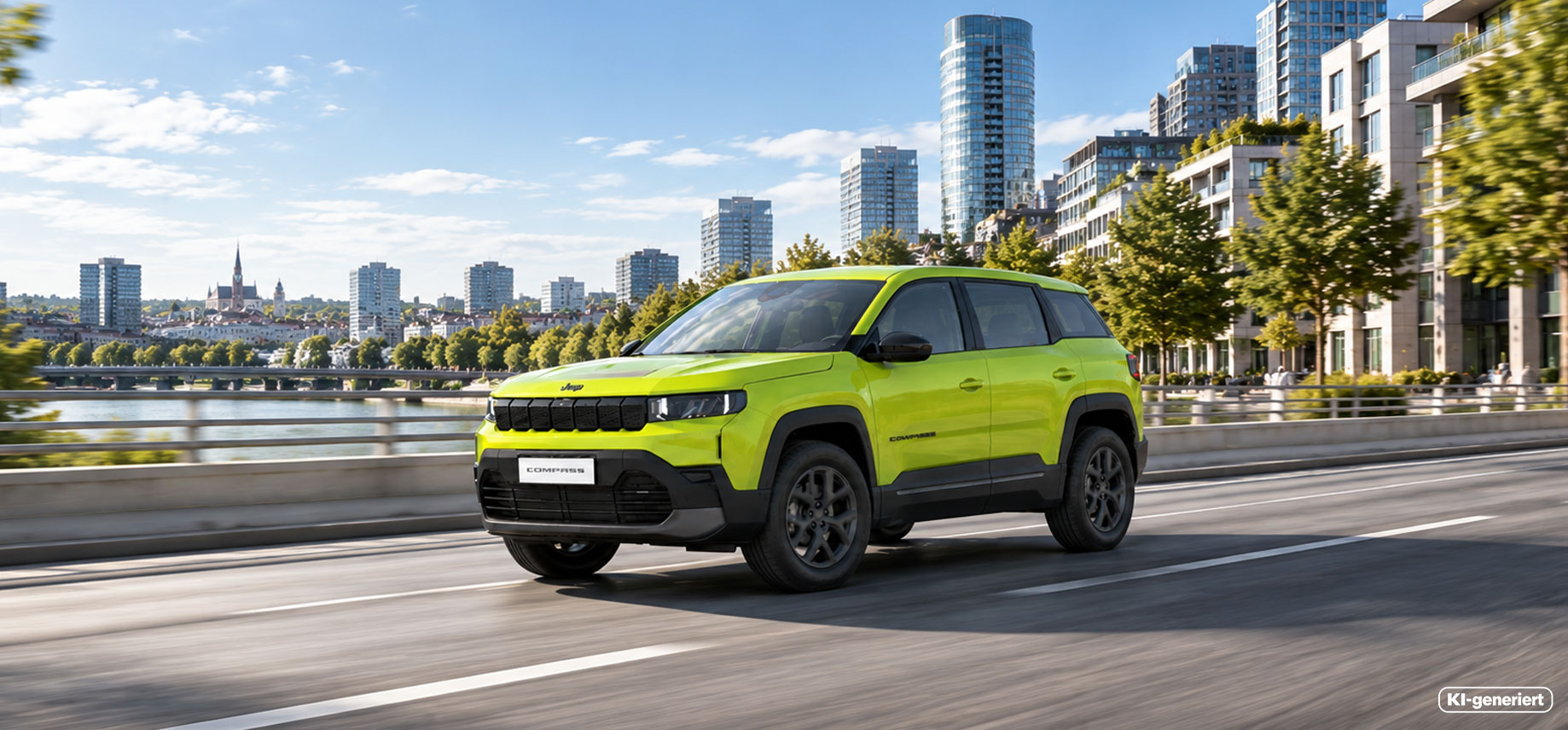Jeep Compass Altitudee-Hybrid in Hawaii Green Metallic fahrend im Stadtverkehr