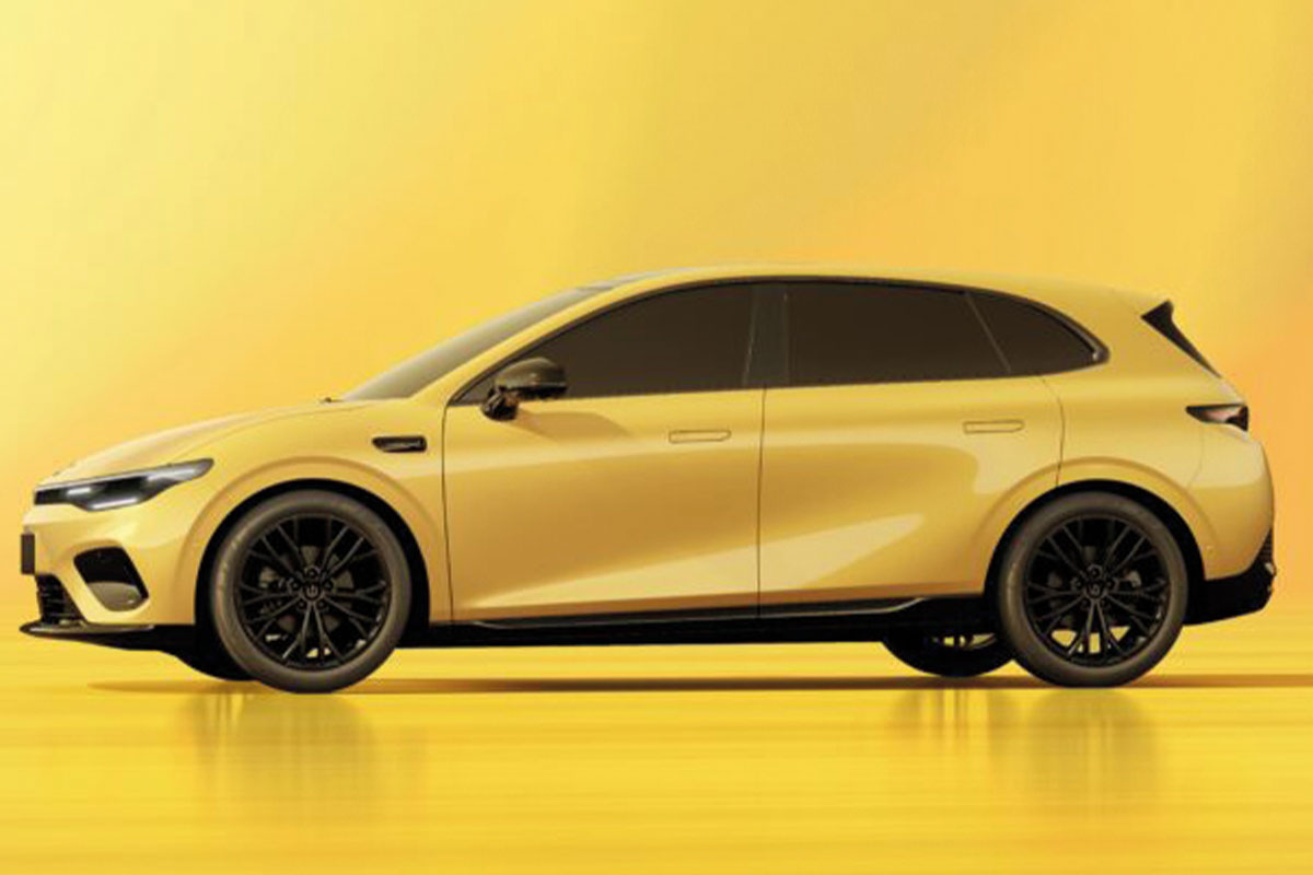 Leapmotor B05 von der Seitenansicht auf gelbem Hintergrund