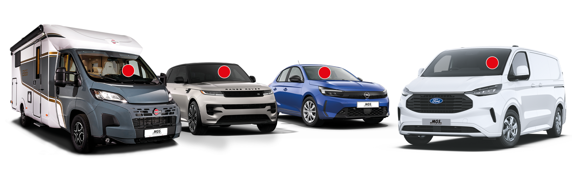 Vier Beispiel-Fahrzeuge der 70 Jahre MGS Extra Bonus Kampagne: Ein Bürstner Wohnmobil, ein Range Rover SUV, ein blauer Opel Pkw und ein weißer Ford Transporter. Alle markiert mit roten Punkten als ausgewählte Modelle mit 700 Euro Rabatt.