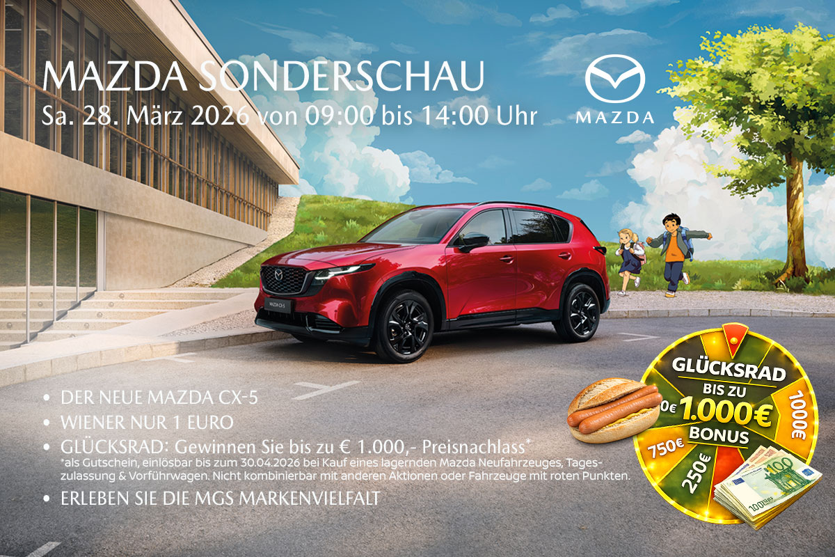 Werbegrafik für die Mazda Sonderschau mit Fokus auf dem Mazda CX-5 und einem Glücksrad - sowie Wiener für nur 1€
