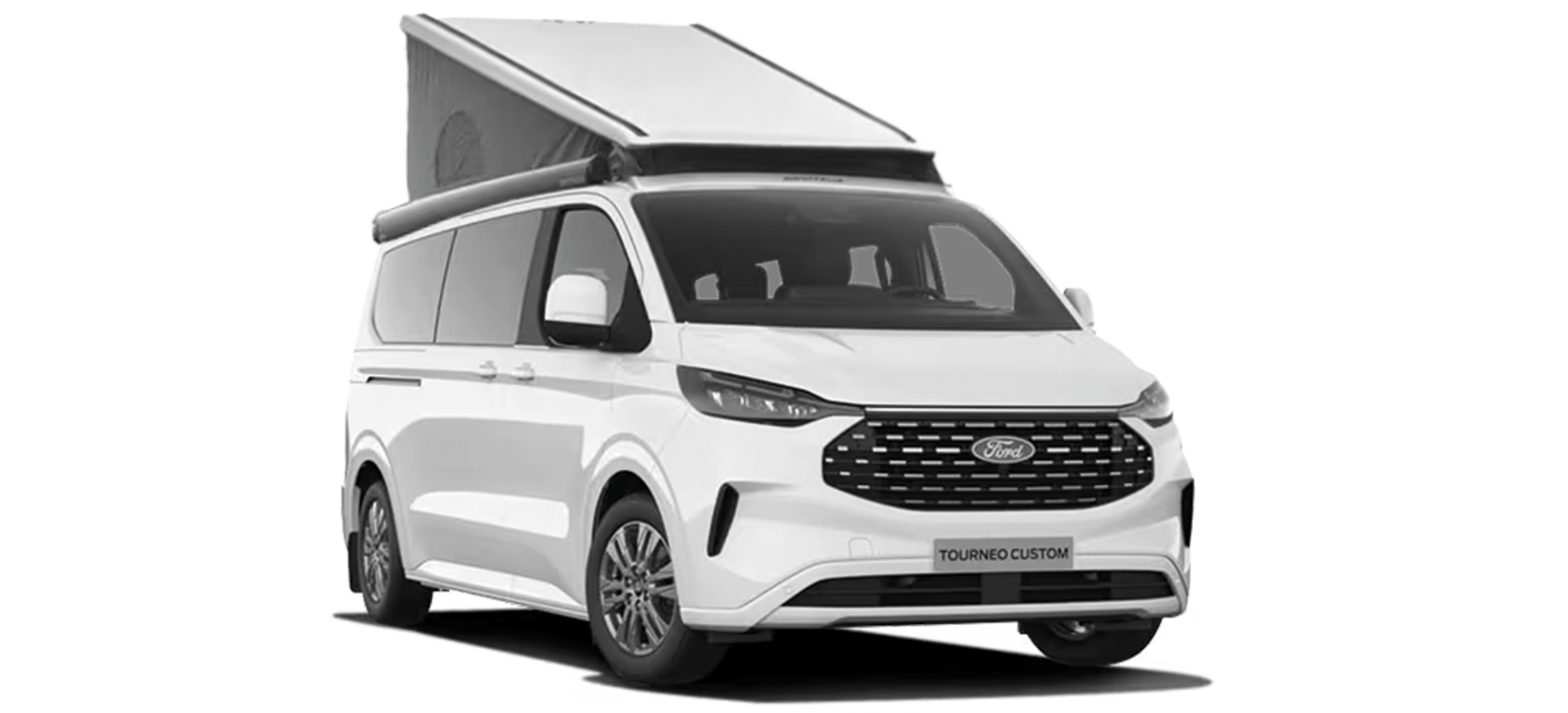 Ford Nugget Camper in Frozen White mit aufgeklapptem Hochdach.