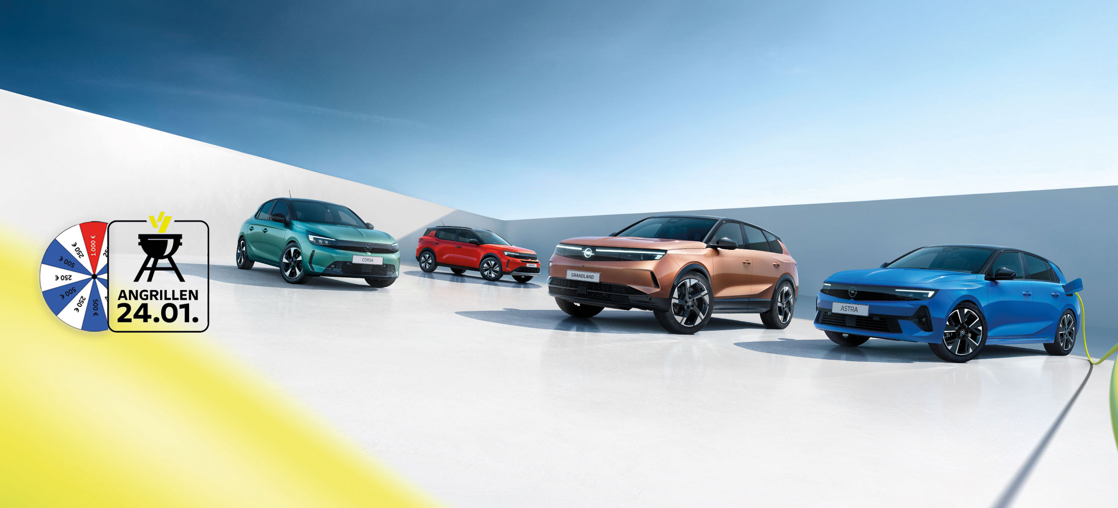 Verschiedene Opel Modelle abgebildet mit dem Glücksrad und dem Angrillen Logo am 24.01.2026