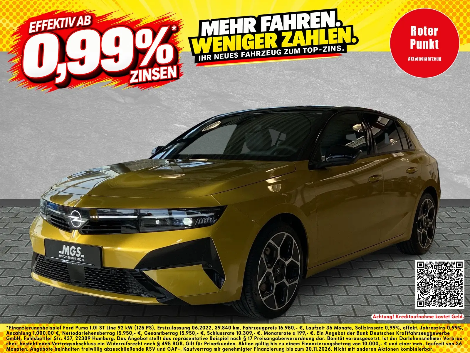 Aktionsangebot mit goldenem Opel Astra und dem Hinweis auf eine Finanzierung ab 0,99 Prozent effektivem Jahreszins. Slogan: „Mehr fahren. Weniger zahlen.“