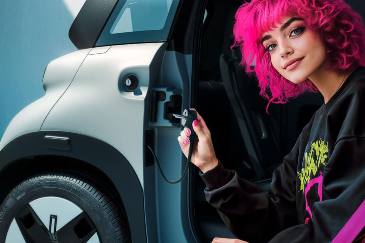 Opel Rocks zeigt eine Frau mit dem Ladestecker in der Hand