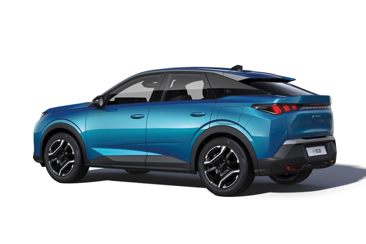 Peugeot E-3008 Allure in Obsession Blau Außendarstellung Seitenansicht links von hinten
