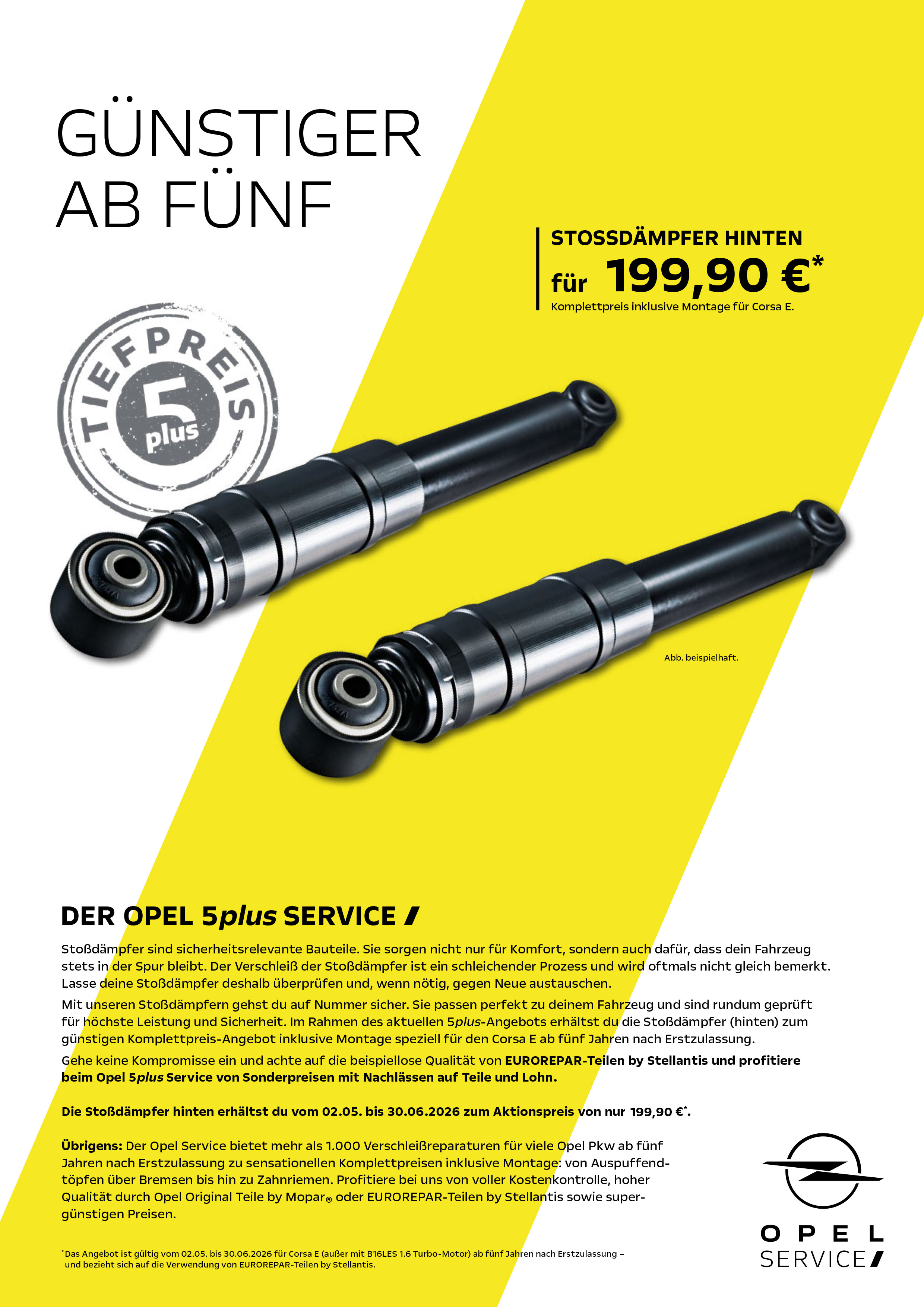 Werbeanzeige für Opel 5plus Service: Stoßdämpfer hinten für 199,90€