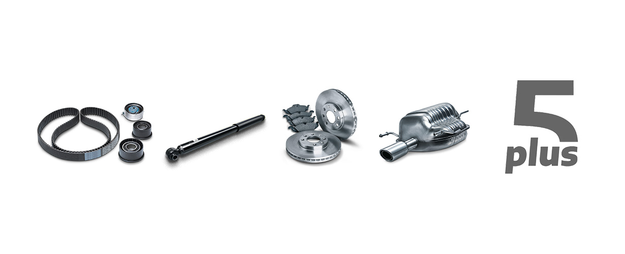 Opel 5plus Service – Abbildung mit typischen Verschleißteilen wie Zahnriemen, Stoßdämpfer, Bremsscheiben und Auspuff für Opel Fahrzeuge ab 5 Jahren.