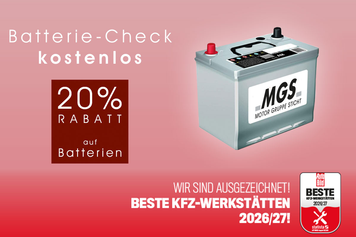 Kostenloser Batterie-Check bei MGS – jetzt 20 % Rabatt auf Starterbatterien