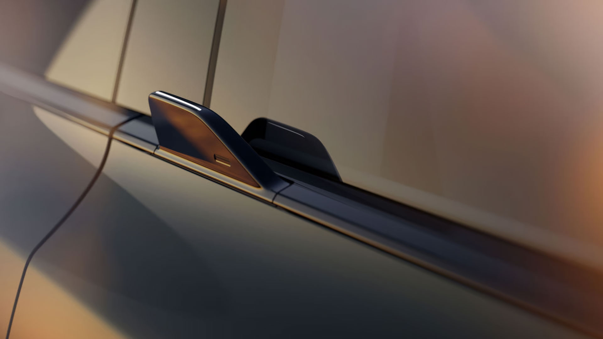 Eine Nahaufnahme der Tür mit Flügelgriff des Volvo EX60 bei warmen Abendlicht