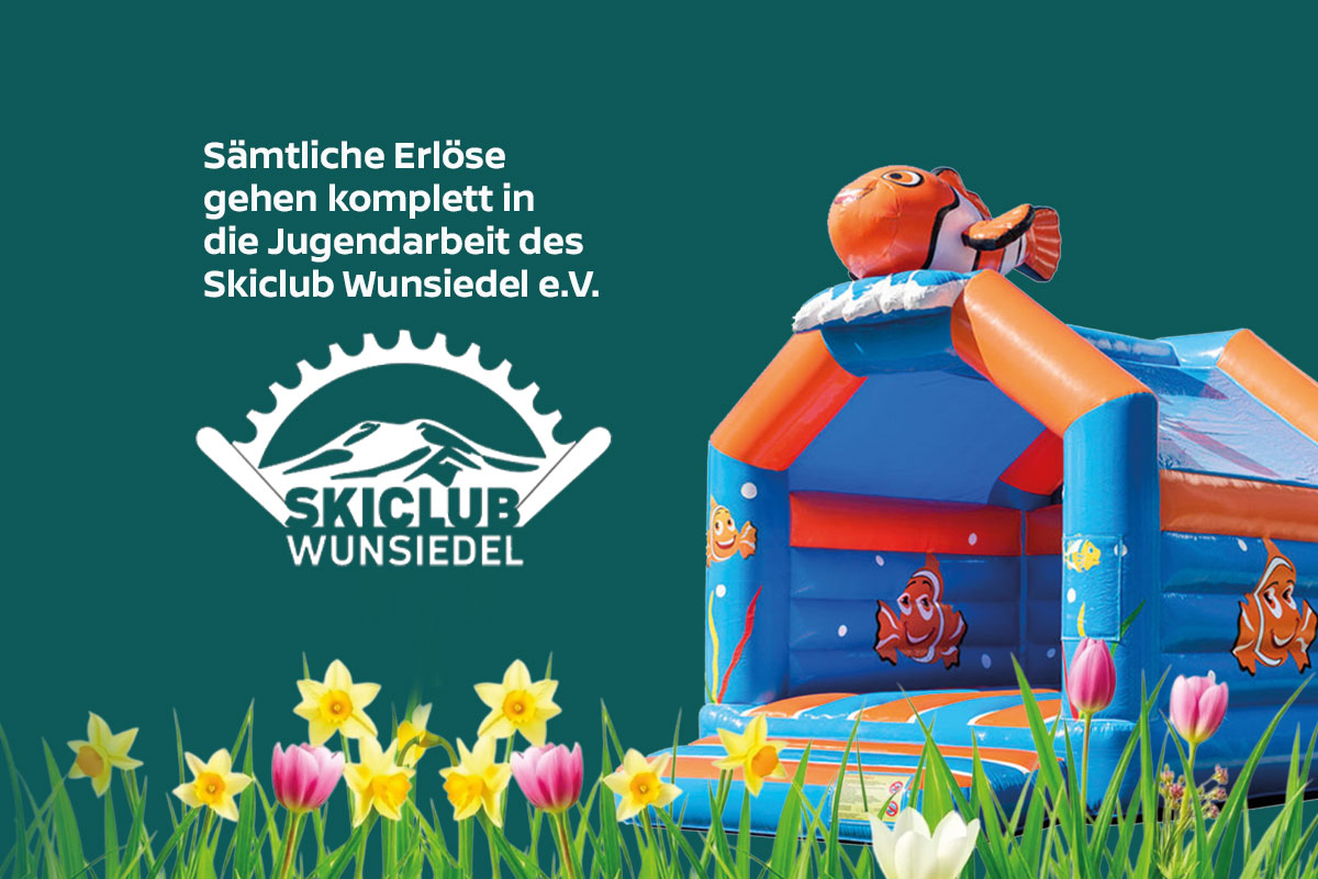 Hinweisgrafik zum MGS Autofrühling: Sämtliche Erlöse gehen an die Jugendarbeit des Skiclub Wunsiedel e.V., mit Skiclub-Logo und einer aufblasbaren Clown-Fisch-Hüpfburg.