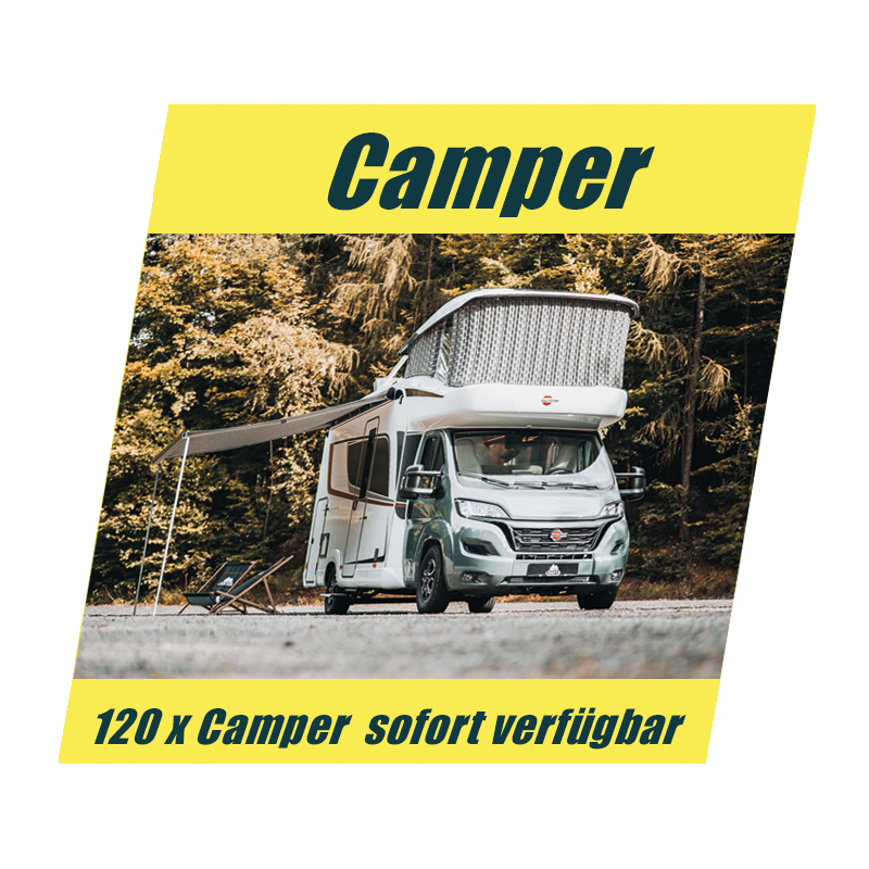 Wohnmobil mit ausgefahrenem Aufstelldach in der Natur mit Hinweis auf verfügbare Camper.