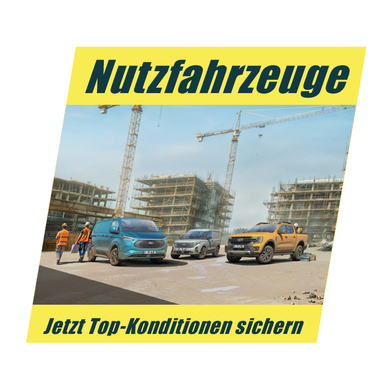 Mehrere Nutzfahrzeuge auf einer Baustelle mit Hinweis auf aktuelle Top-Konditionen.