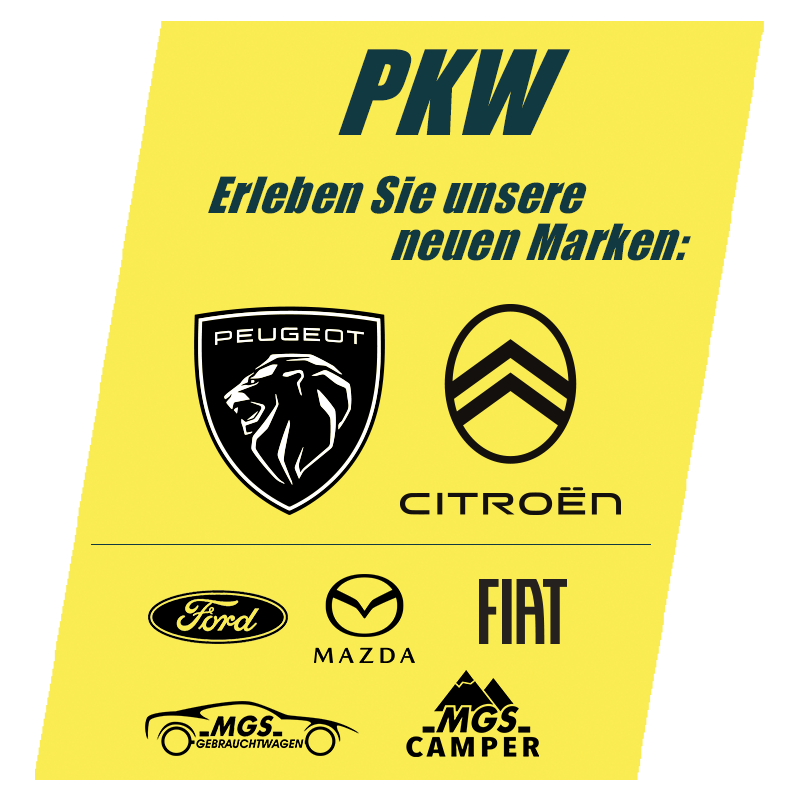 Hinweis auf PKW-Angebote mit Markenlogos von Peugeot, Citroën, Ford, Mazda und Fiat.